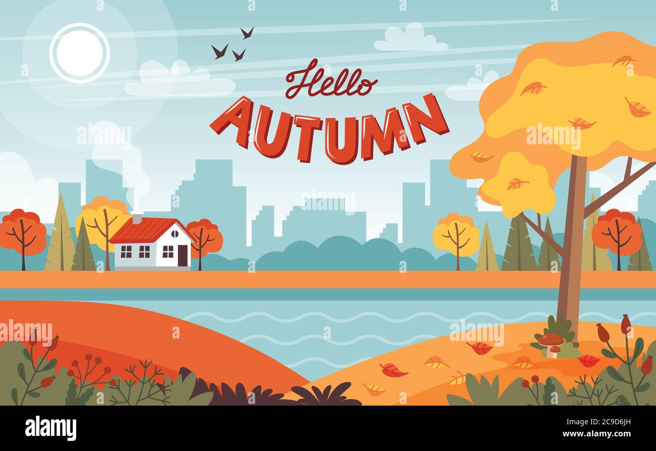 Fall Scenes Vector Beautiful vector autumn landscape tree rural village field Stock Vector ...