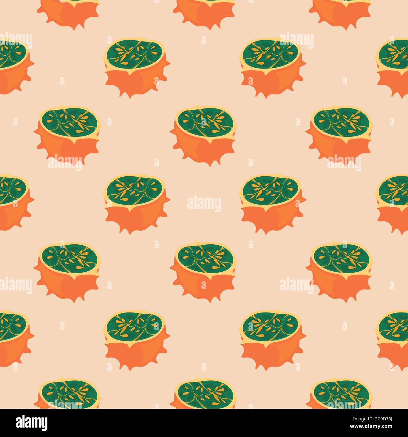 Horned melon ,seamless pattern on beige background. Stock Vector