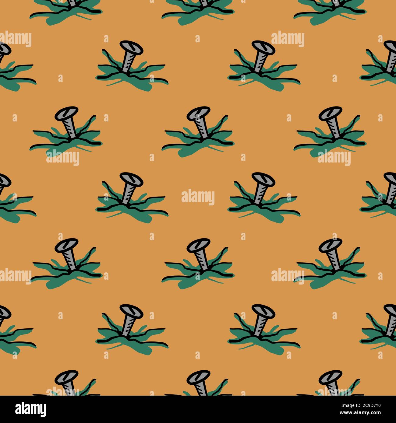 Nail in a wall ,seamless pattern on orange background. Stock Vector