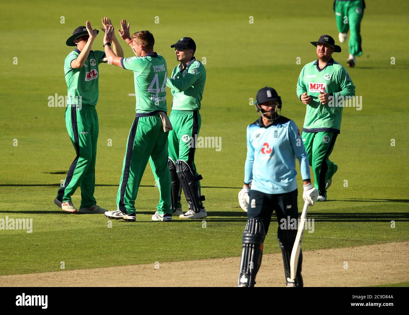 Ireland's Craig Young (second left) celebrates with team-mates after taking the wicket of England's James Vince during the First One Day International of the Royal London Series at the Ageas Bowl, Southampton. Stock Photo