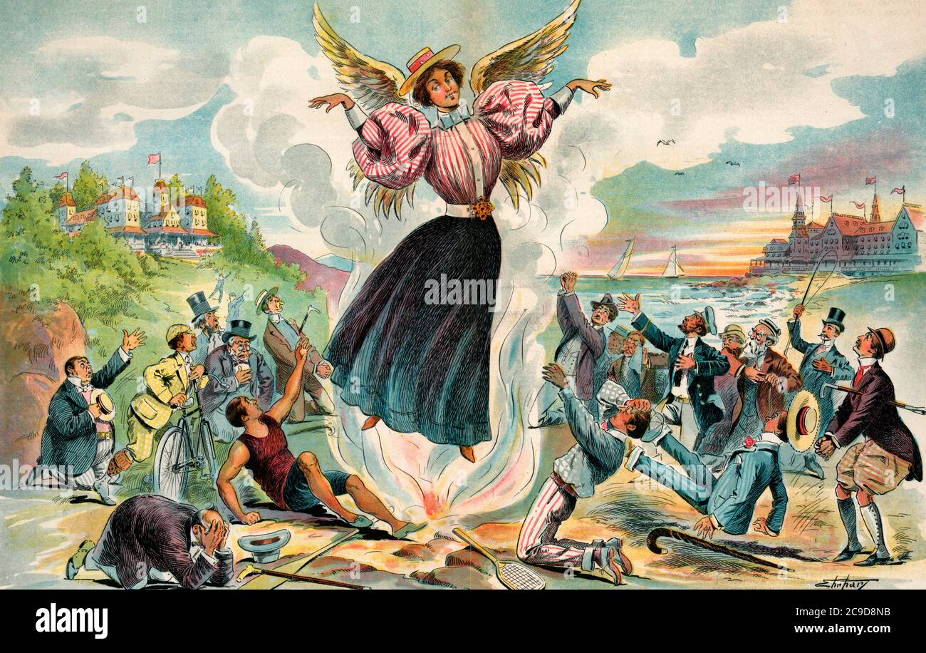 The phœnix-like summer girl - Print shows a female figure with wings rising from the flames of summer romances that are burning out as the season comes to an end; she leaves behind many broken-hearted men on the beach at a summer resort. 1895 Stock Photo