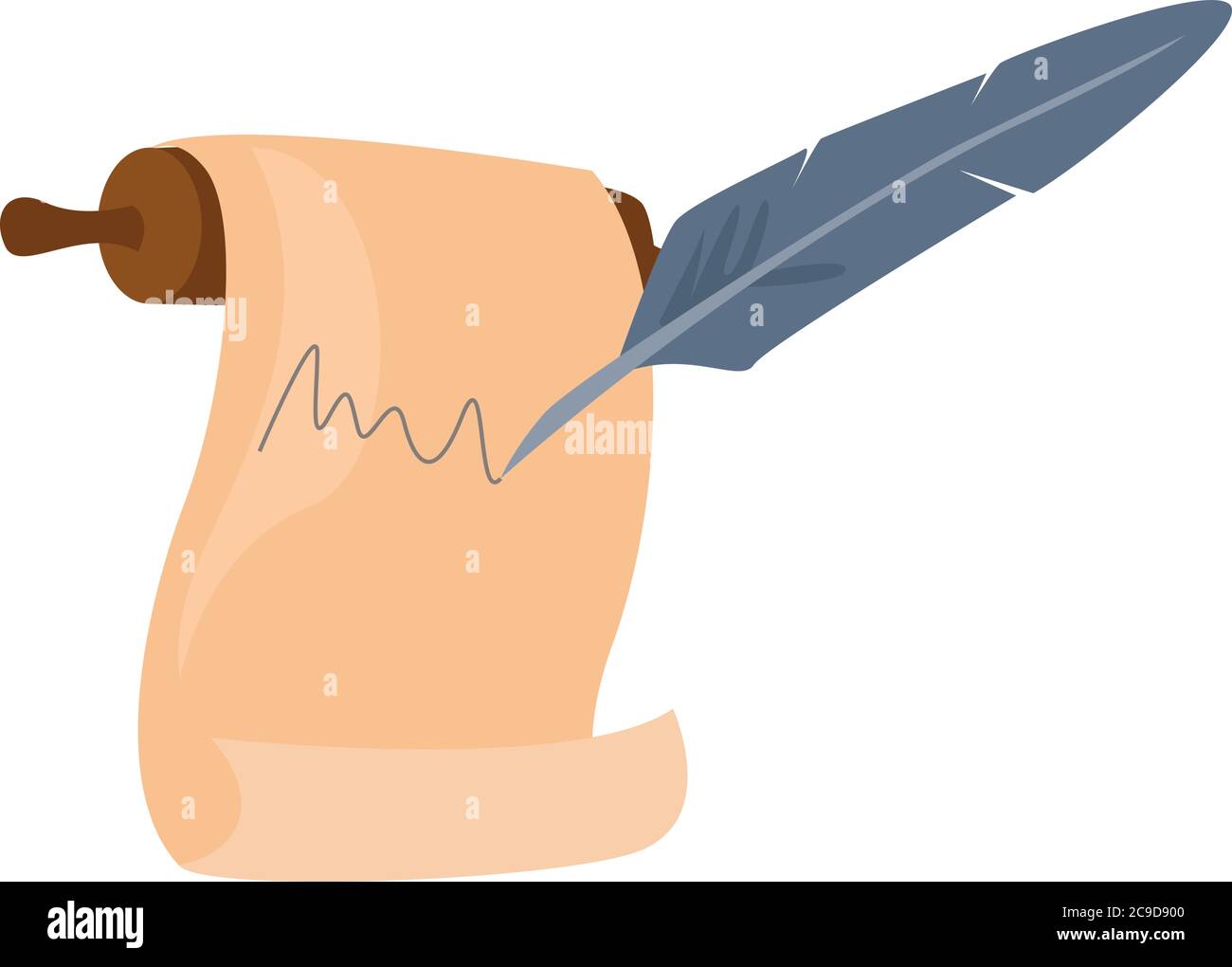 Parchment with feather, illustration, vector on white background Stock Vector