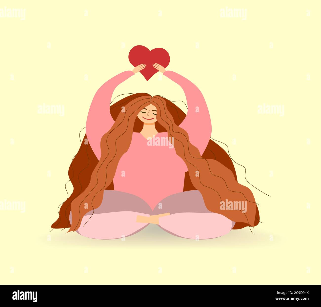happy smiling girl with red long hair and closed eyes sits in lotus position with hands raised up and holding a heart Stock Vector