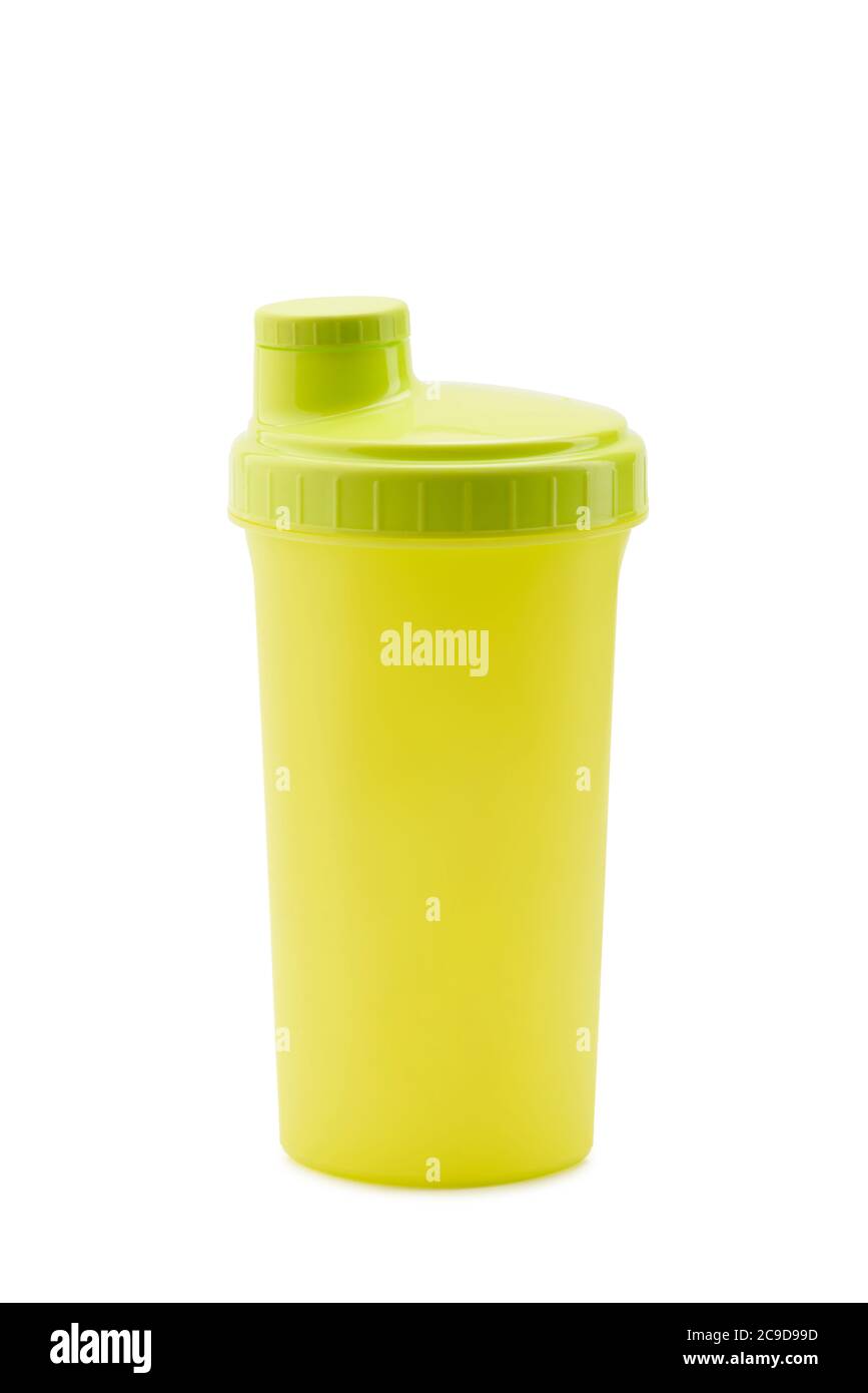 Yellow plastic shaker isolated on white background Stock Photo