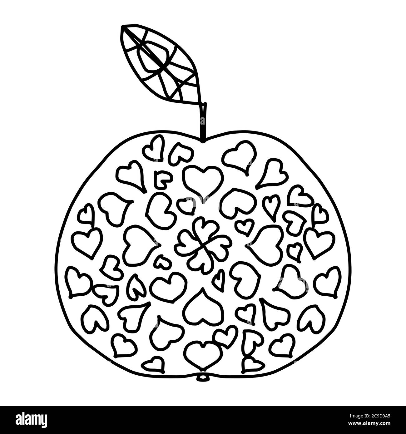 antistress coloring page. apple with leaf with hearts pattern in doodle style on a white background Stock Vector