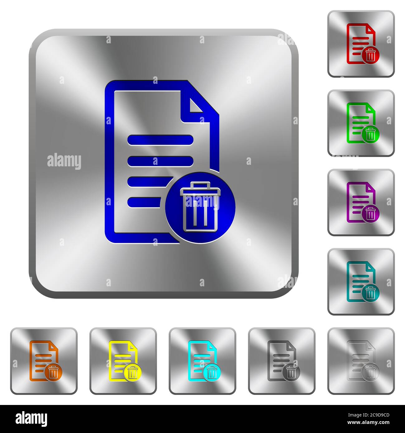 Delete document engraved icons on rounded square glossy steel buttons Stock Vector