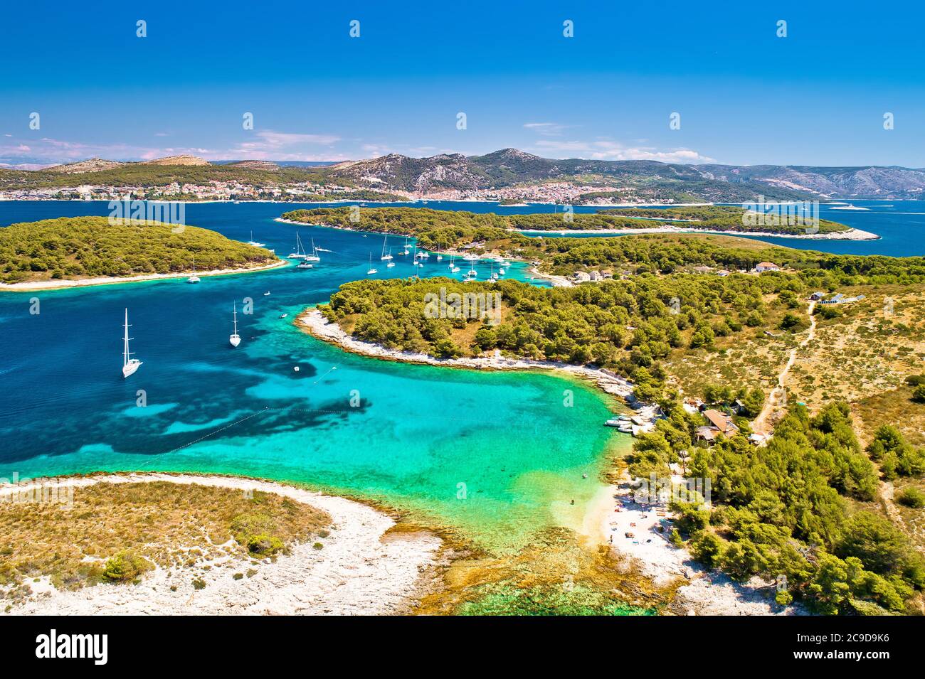Pakleni otoci sailing destination arcipelago aerial view, Hvar island, Dalmatia region of Croatia Stock Photo