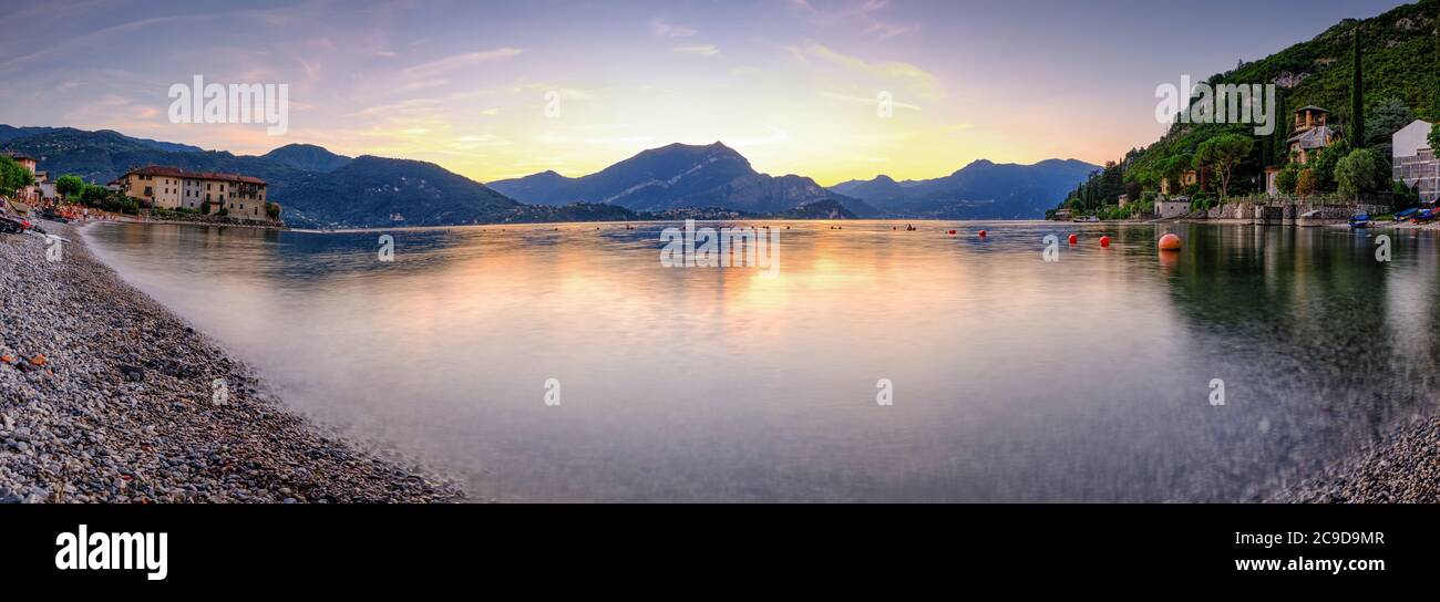 One of the most beautiful bays and beaches in Lake Como. Lierna, Province of Lecco, Como Lake, Lombardy, Italy, Europe. Stock Photo