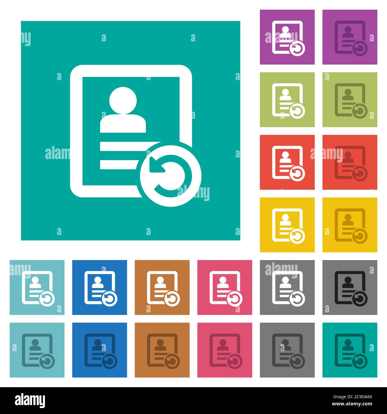 Undo contact changes multi colored flat icons on plain square backgrounds. Included white and darker icon variations for hover or active effects. Stock Vector