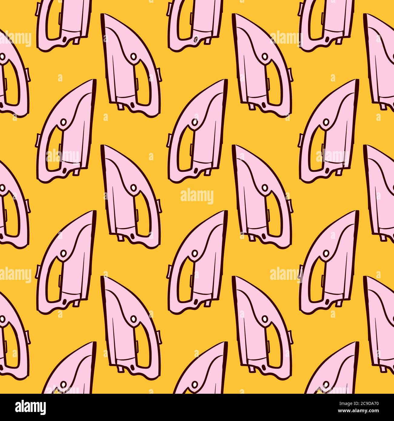 Pink clothing iron ,seamless pattern on dark yellow background. Stock Vector