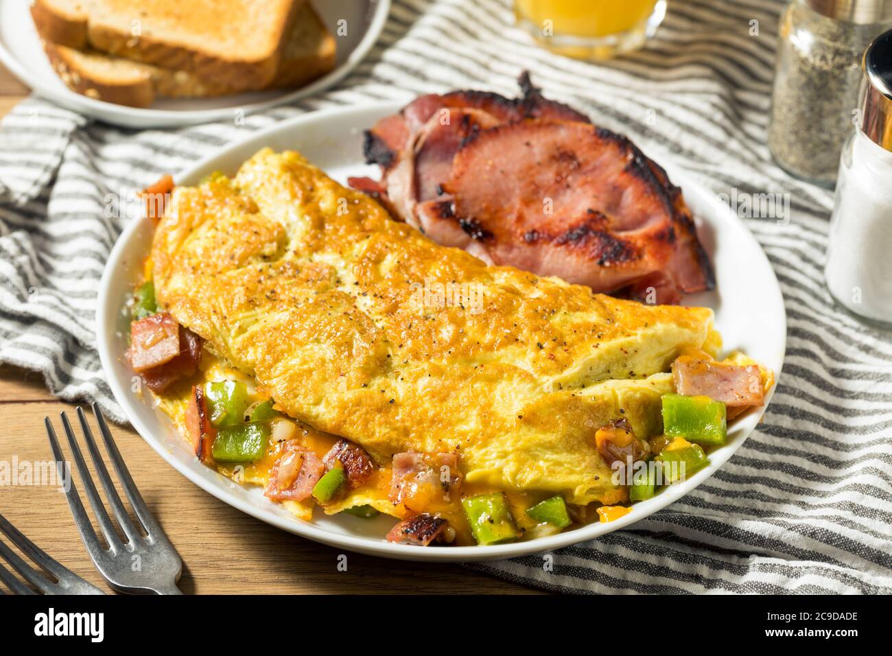 Homemade Ham and Pepper Denver Omelette with Cheddar Cheese Stock Photo