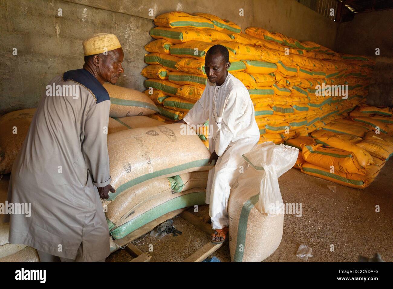 Warehouse workers Mahaman Amadou (57, L) and Muhamadou Yahaya (56, R) move sacks of maize at the headquarters of Union Adaltchi, one of Lutheran World Relief’s cooperative partners in Tahoua Region, Niger. Alliance 12/12 Project - Niger, West Africa. September 21, 2018. Photo by Jake Lyell for Lutheran World Relief. Stock Photo