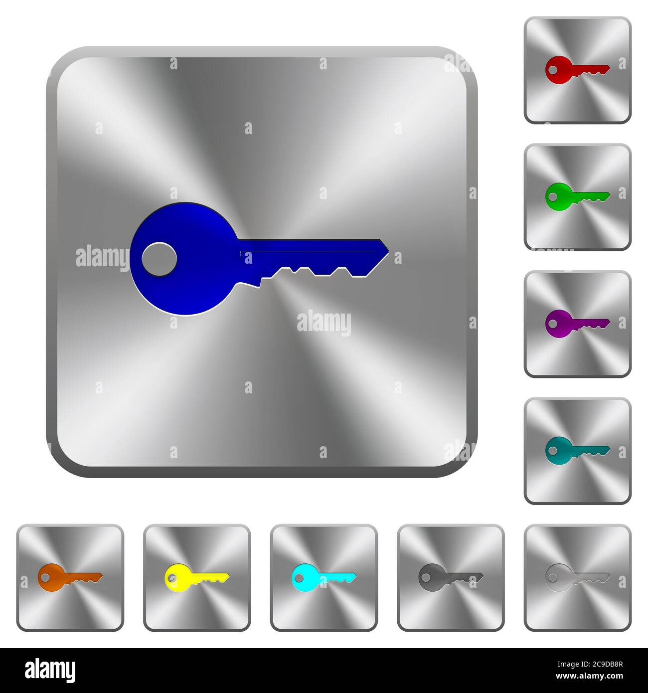 Safety key engraved icons on rounded square glossy steel buttons Stock ...