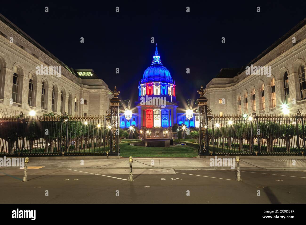 San Francisco City Hall lights up in red, white and blue in honor the American Flag on National Flag Day, Independence Day, California, USA. Stock Photo