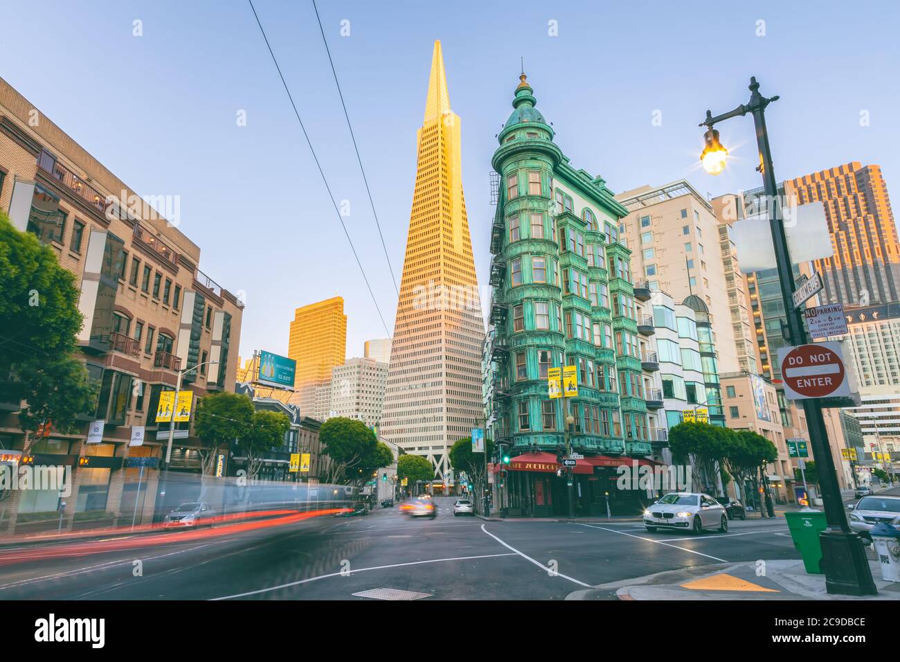 View of the iconic TranAmerica Pyramid from the Columbus Street at North Beach, San Francisco, California, USA. Stock Photo
