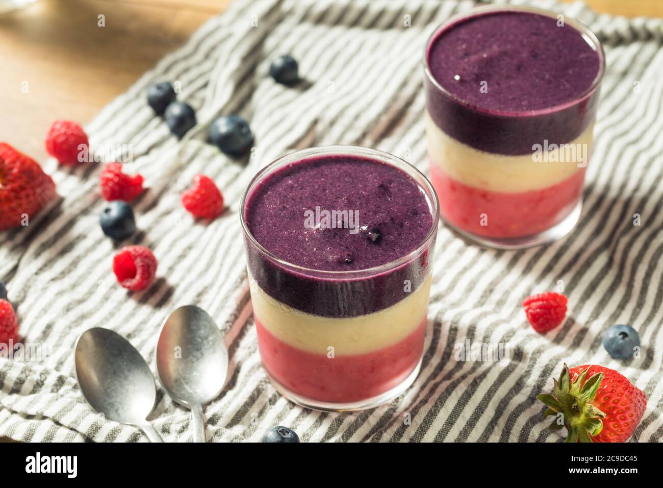 Homemade Healthy Red White Blue Breakfast Smoothie with Berries Stock Photo