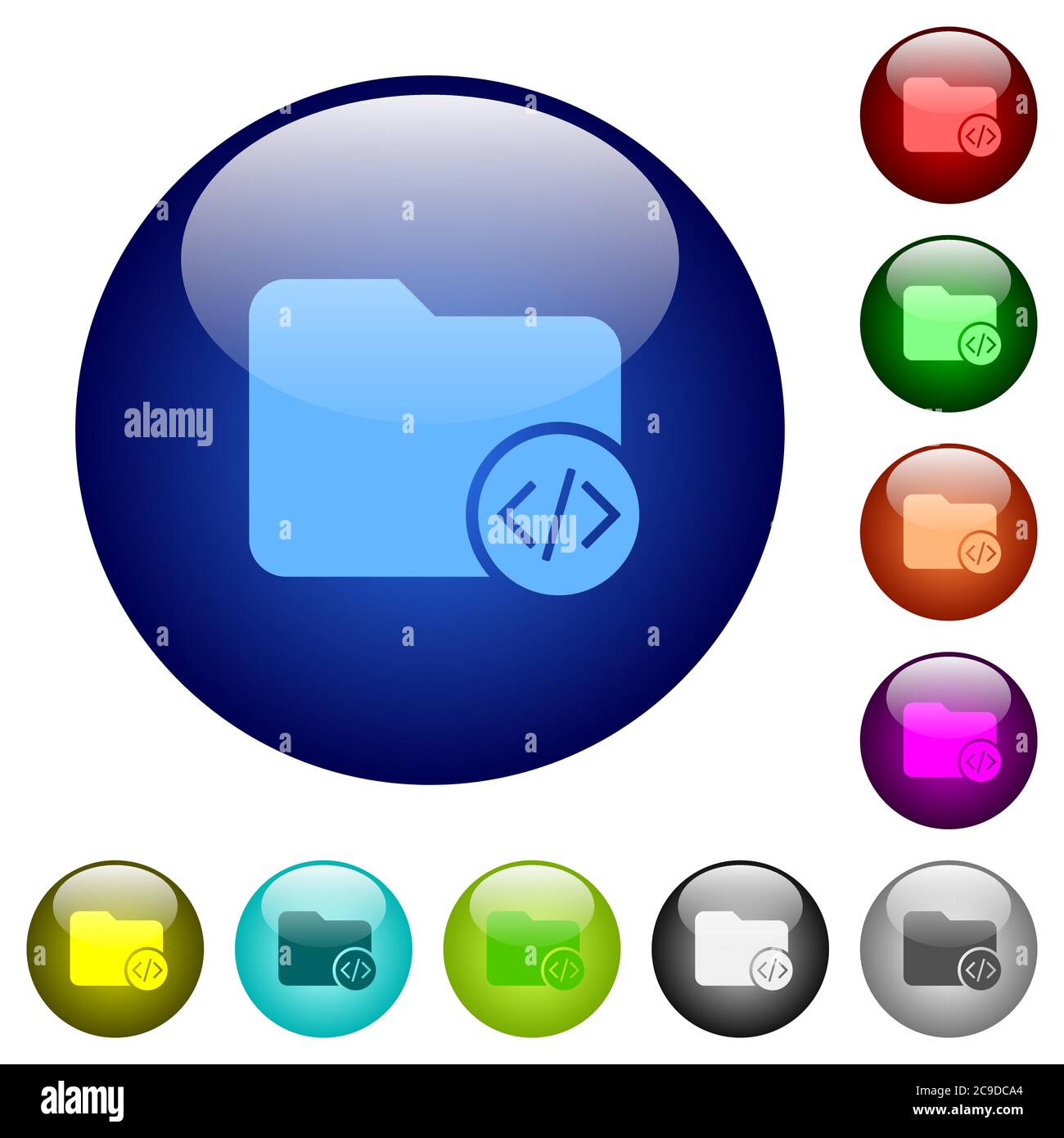 Source code directory icons on round color glass buttons Stock Vector