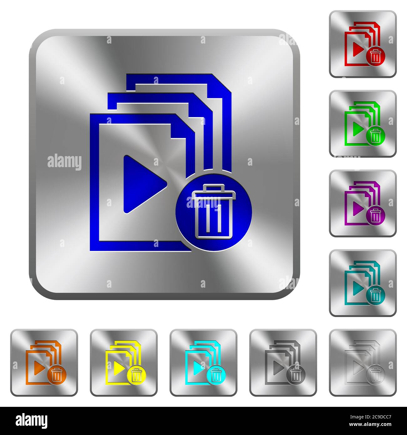 Delete entire playlist engraved icons on rounded square glossy steel buttons Stock Vector