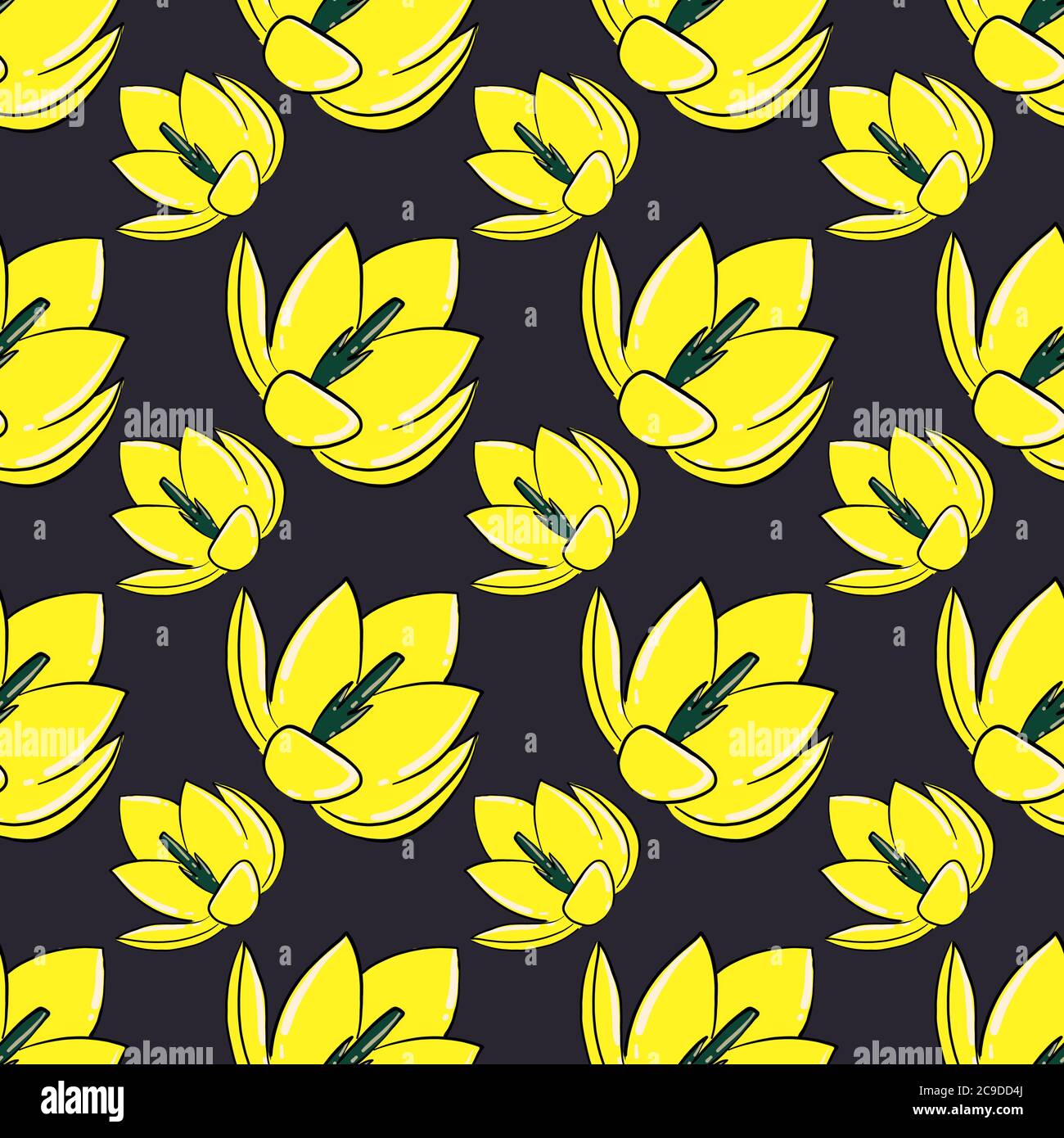 Vibrant yellow flower ,seamless pattern on dark purple background. Stock Vector