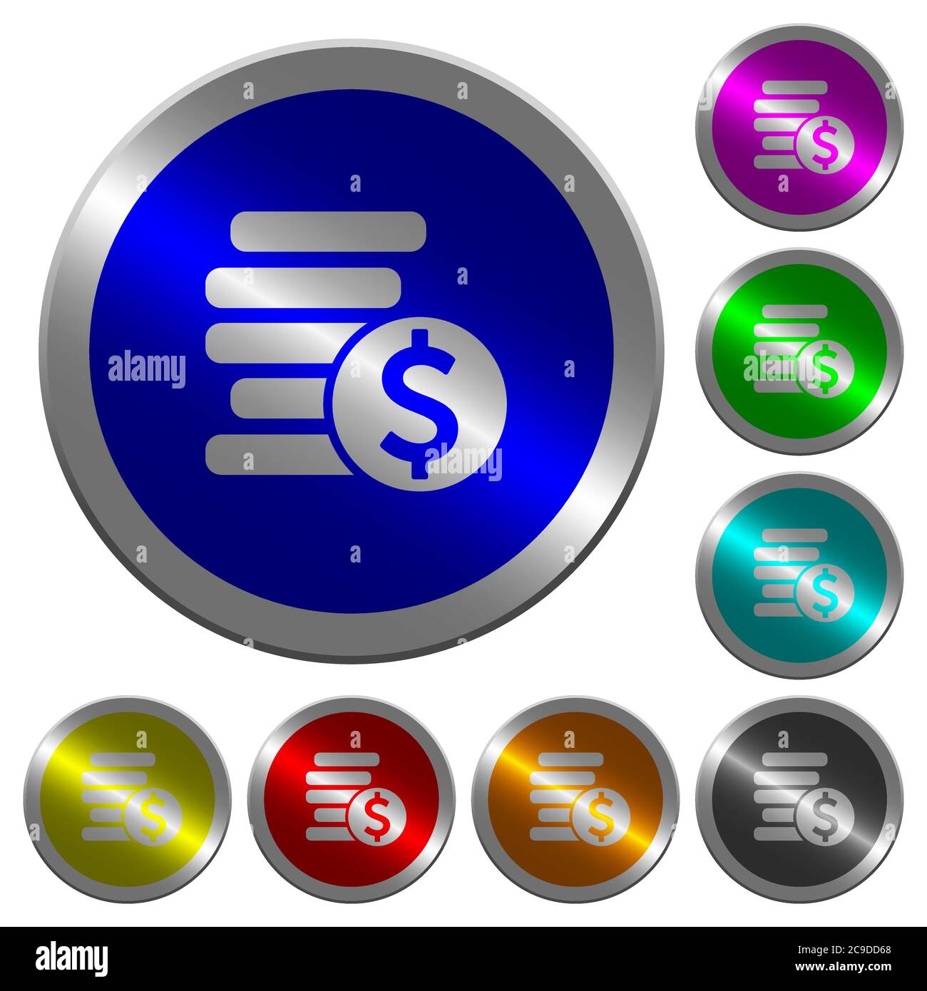 Dollar coins icons on round luminous coin-like color steel buttons ...