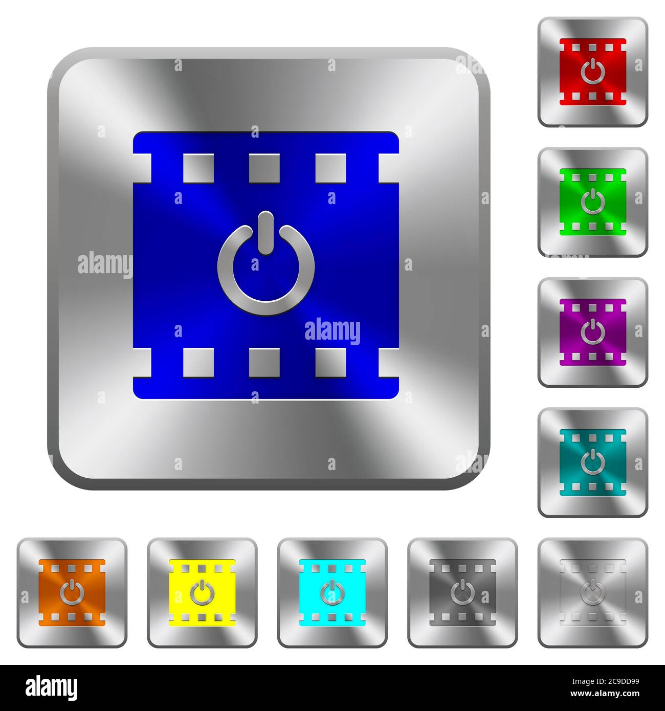 End movie engraved icons on rounded square glossy steel buttons Stock ...