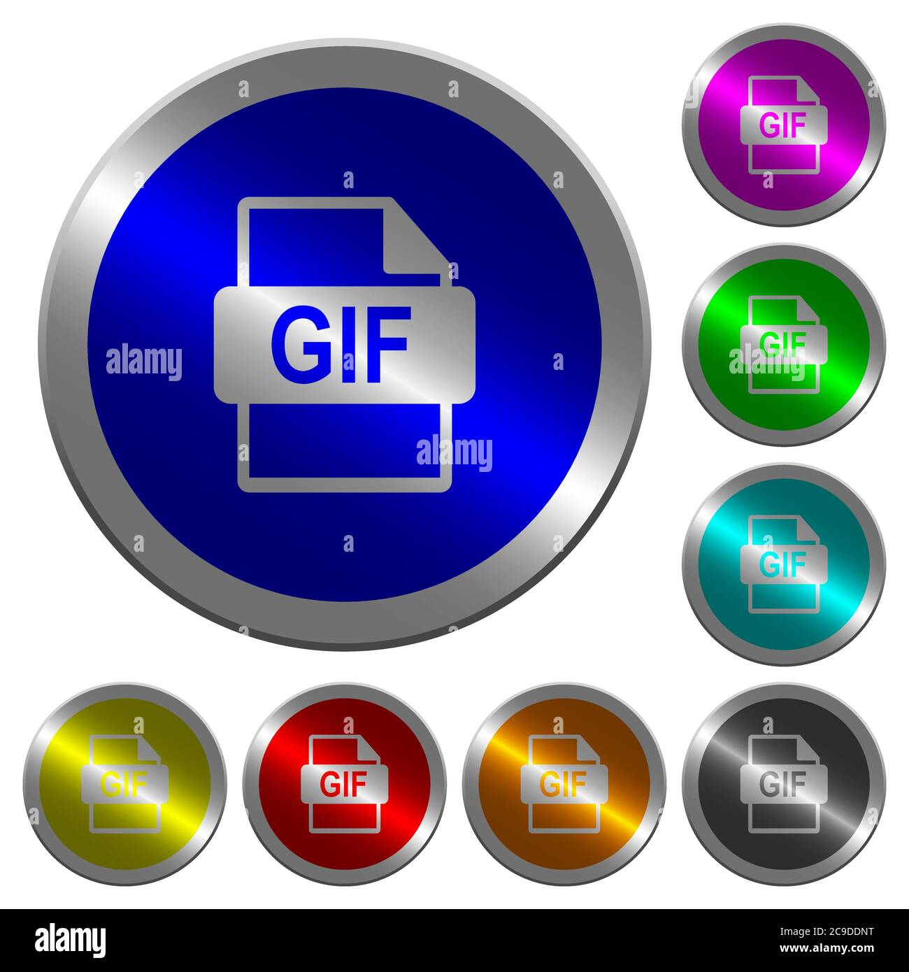 GIF file format icons on round luminous coin-like color steel buttons ...