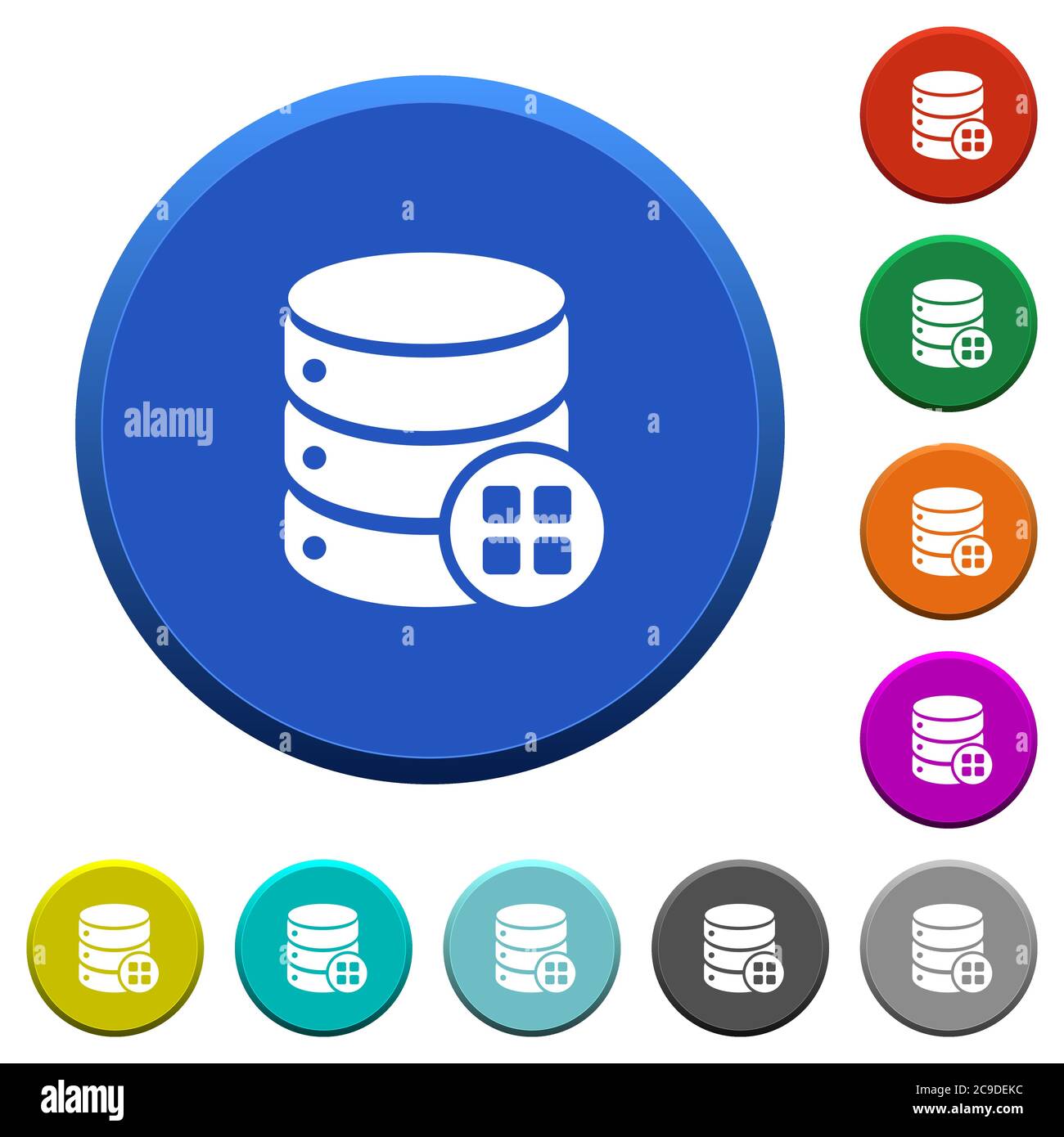 Database modules round color beveled buttons with smooth surfaces and flat white icons Stock Vector