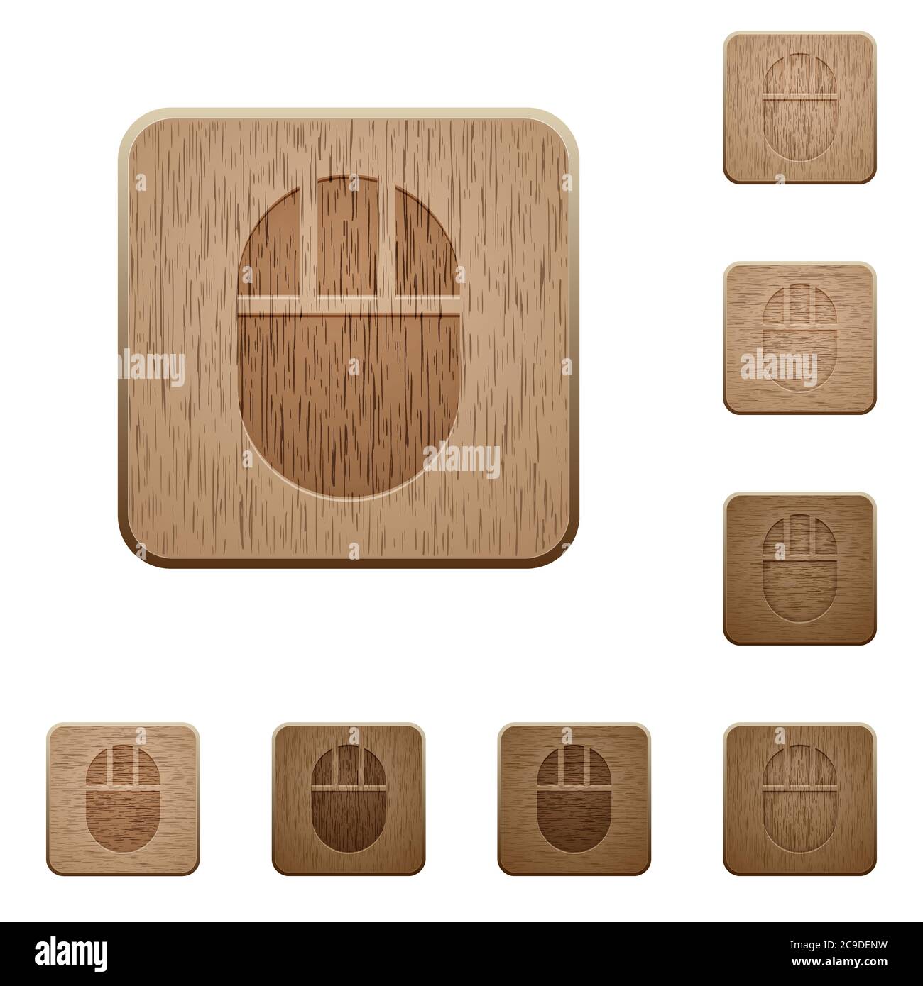 Three buttoned computer mouse on rounded square carved wooden button styles Stock Vector