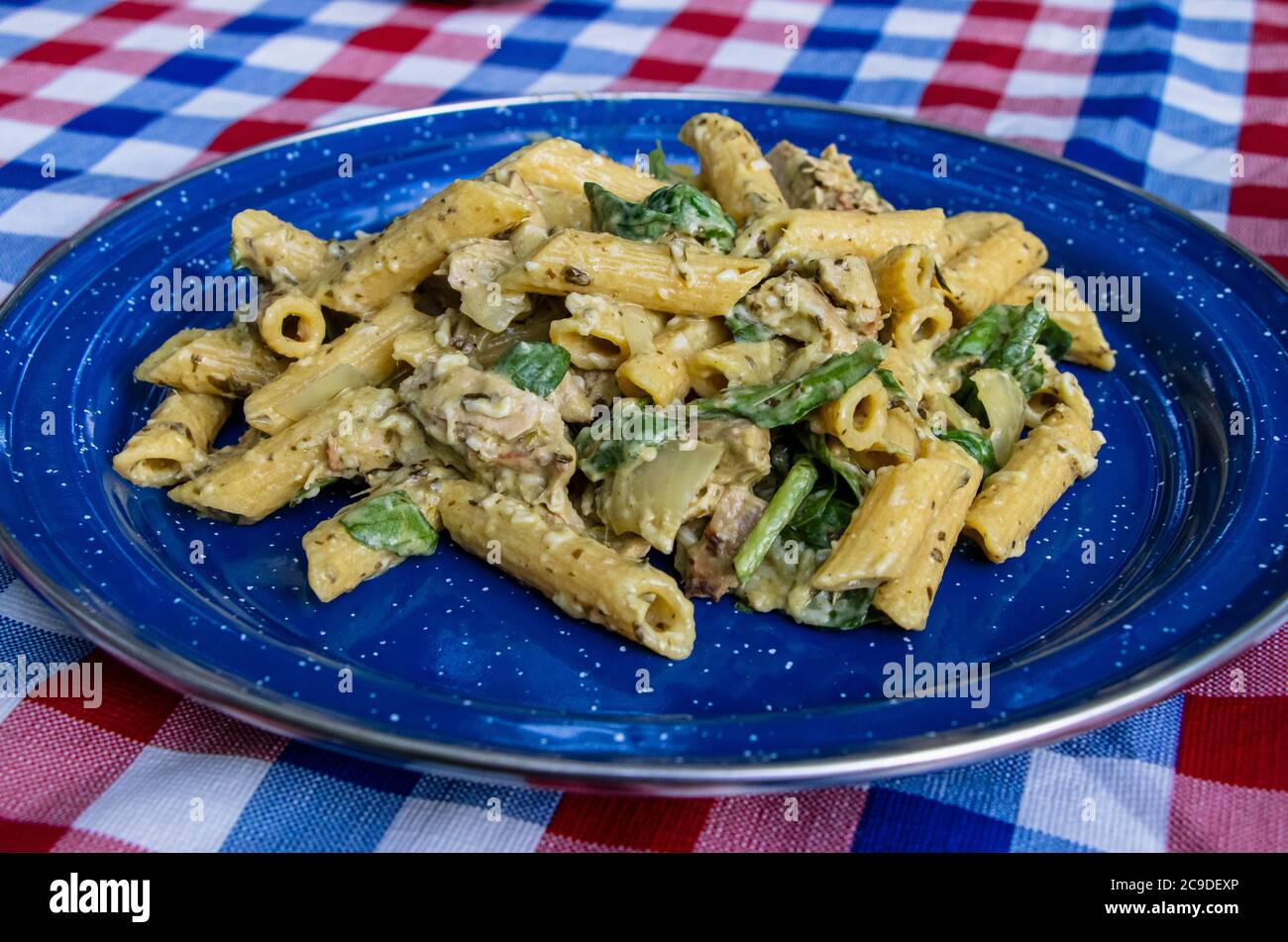 Cheesy Pesto, cream cheese, spinach and vegetarian chicken Penne pasta in a enamel plate on a picnic table at night, Camping dinner meal Stock Photo