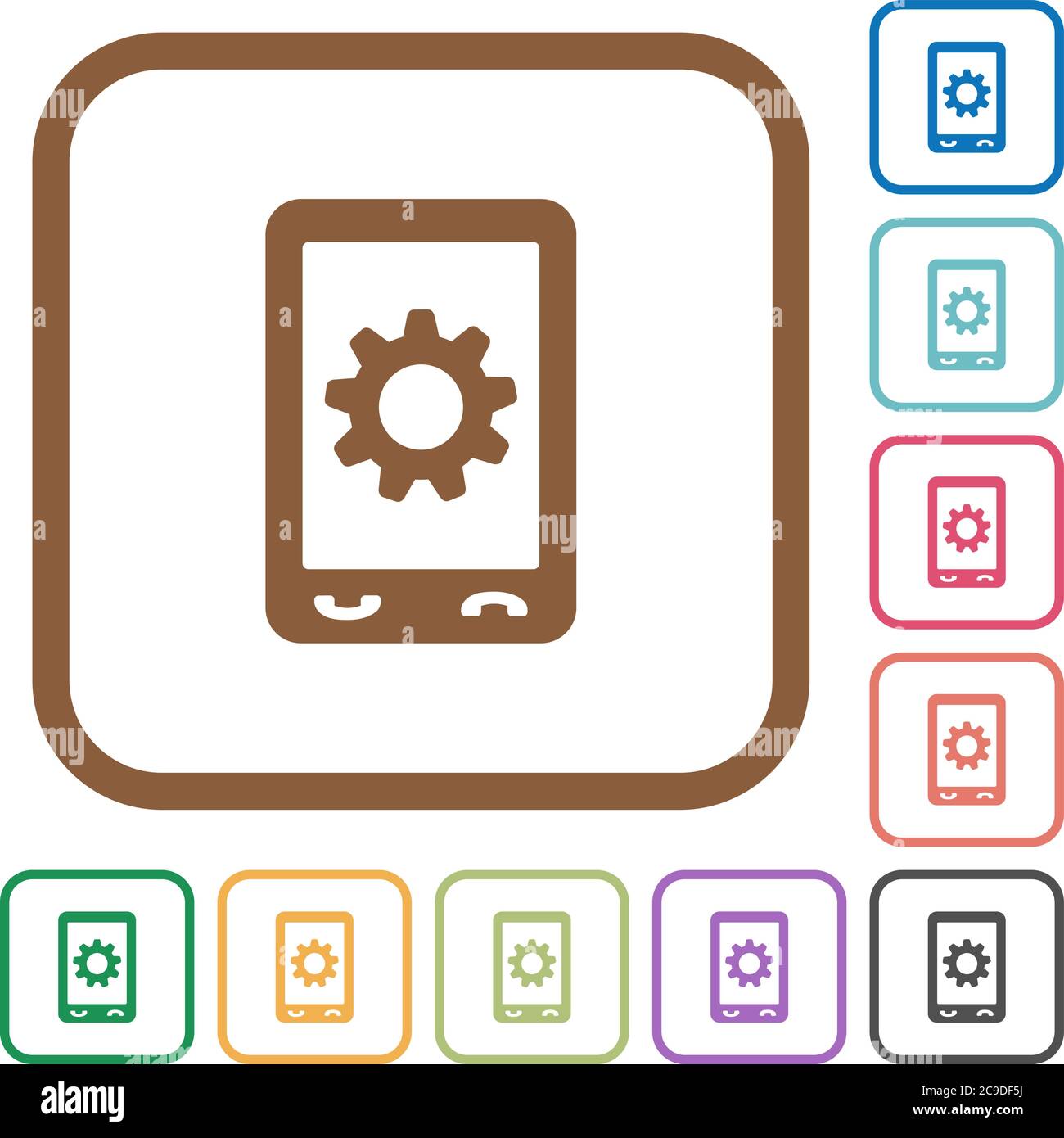 Mobile settings simple icons in color rounded square frames on white background Stock Vector