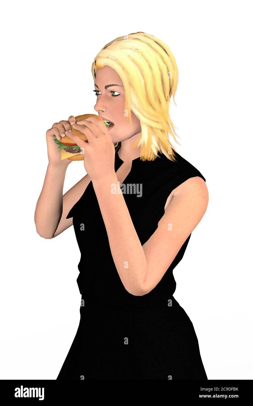 Portrait of a girl eating a hamburger - a young blond girl shown in the left profile is eating a large burger - isolated on white background - 3d illu Stock Photo