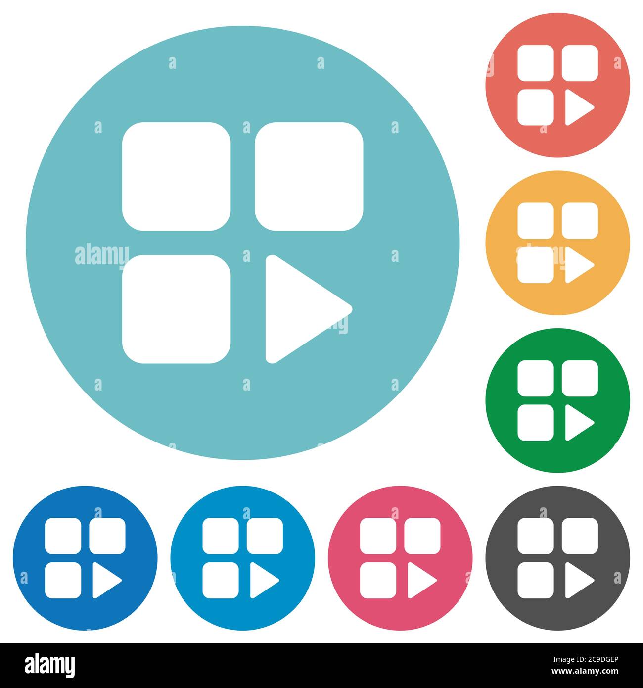 Component play flat white icons on round color backgrounds Stock Vector