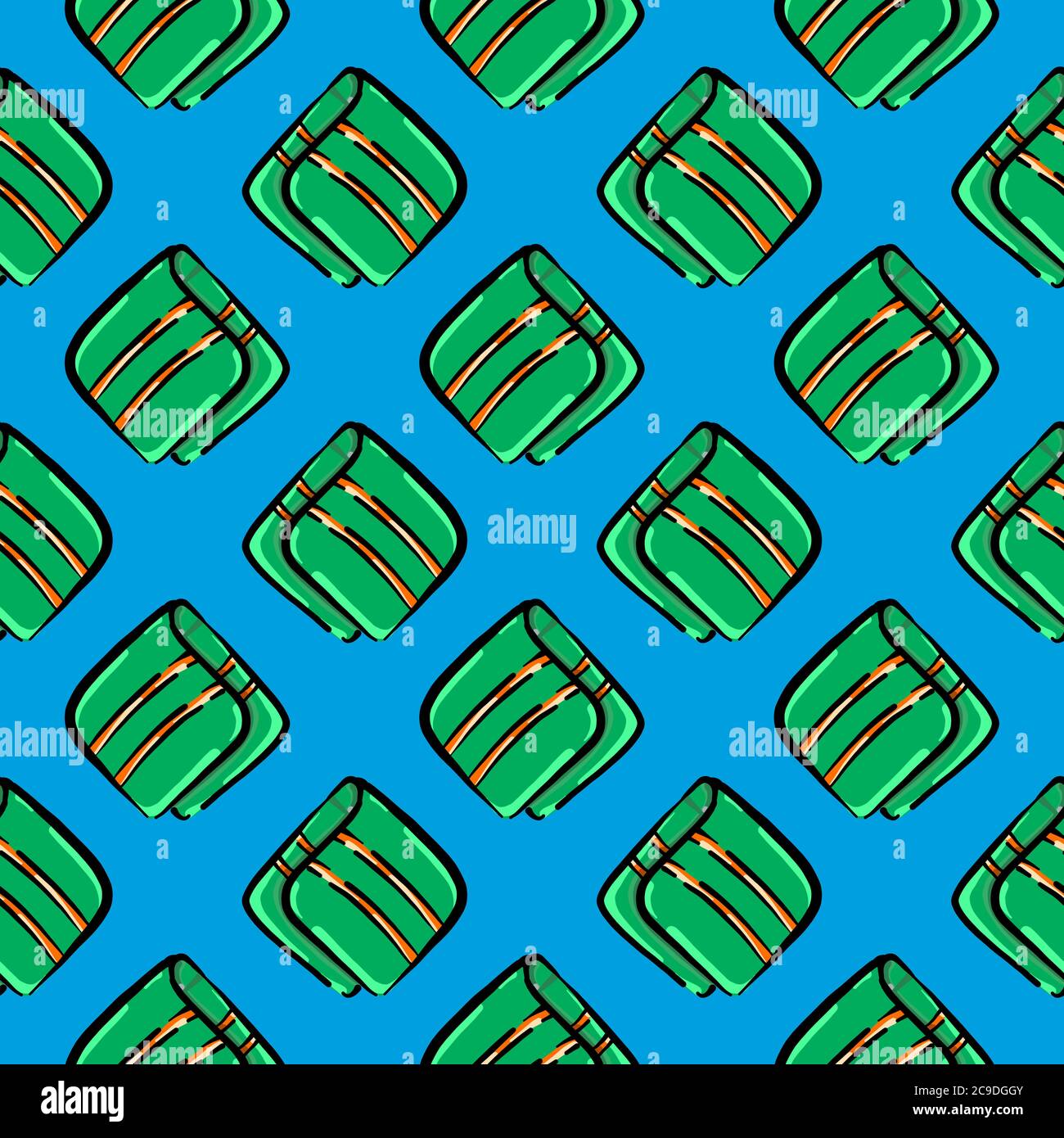 Green wallet with stripes ,seamless pattern on blue background. Stock Vector
