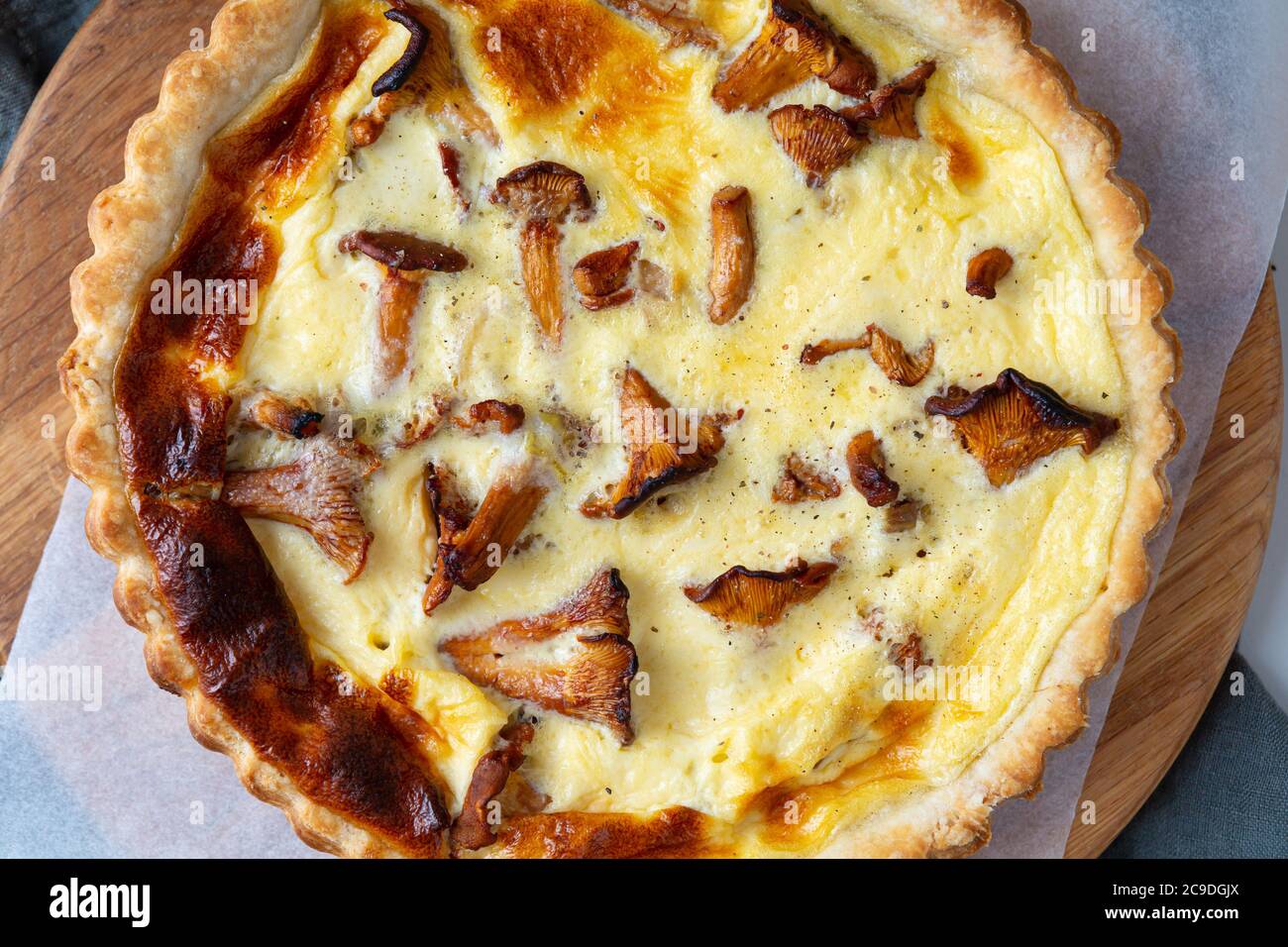 Overhead view mushrooms tart chanterelles and cheese Stock Photo Alamy