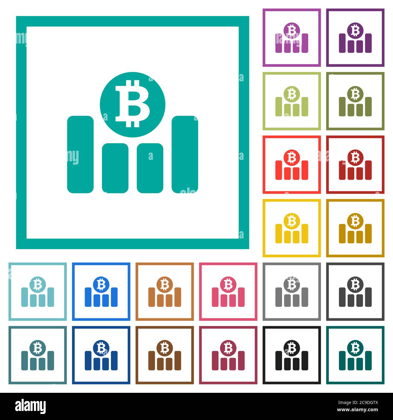 Bitcoin financial graph flat color icons with quadrant frames on white background Stock Vector