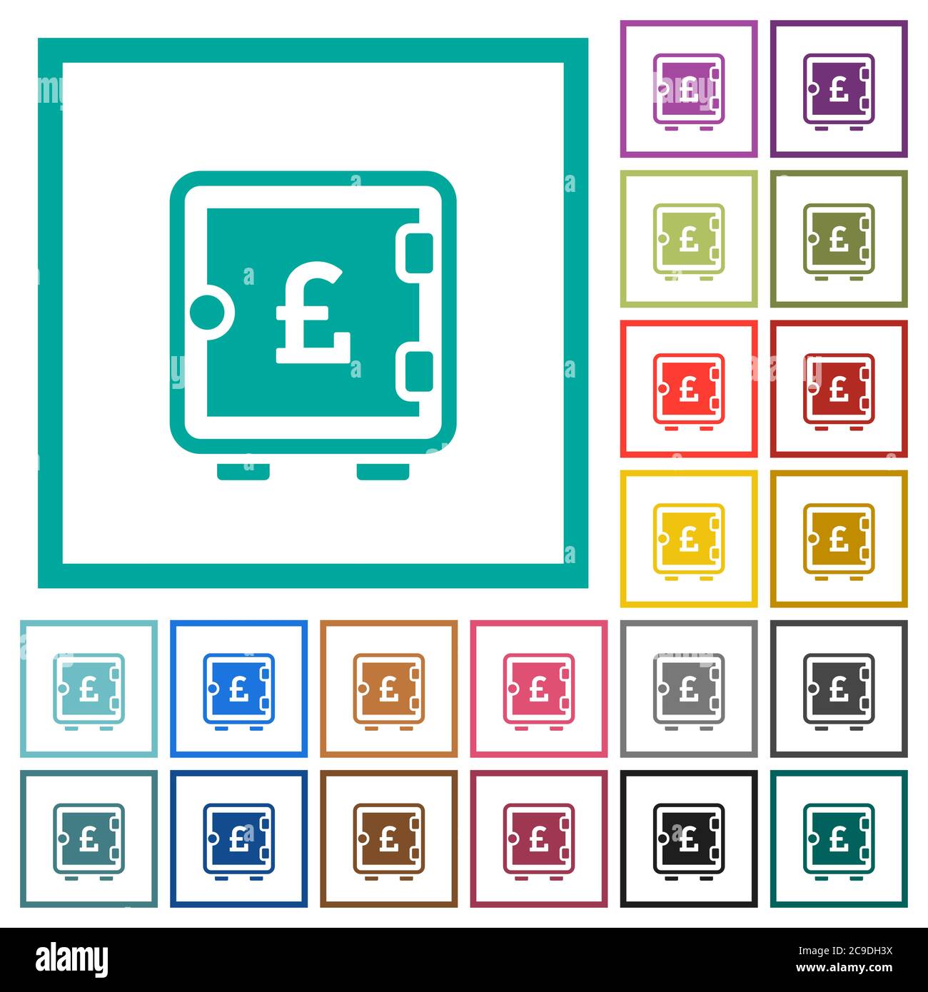 Pound strong box flat color icons with quadrant frames on white background Stock Vector