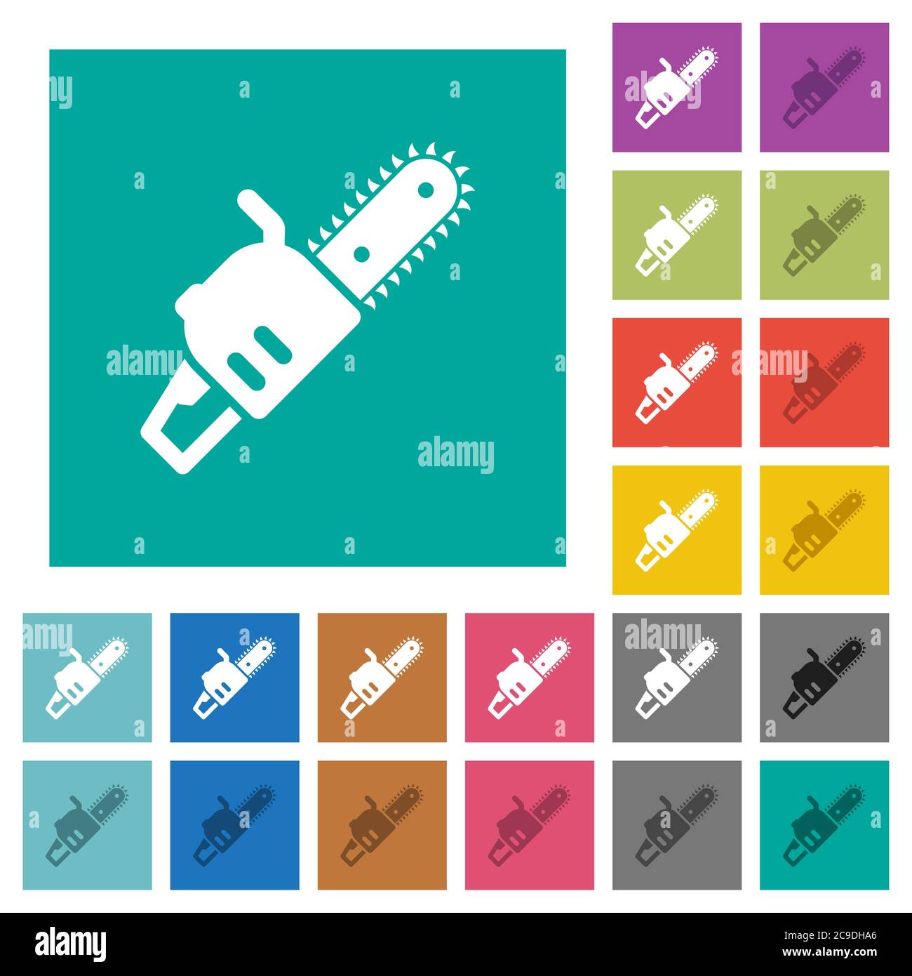 Chainsaw multi colored flat icons on plain square backgrounds. Included white and darker icon variations for hover or active effects. Stock Vector