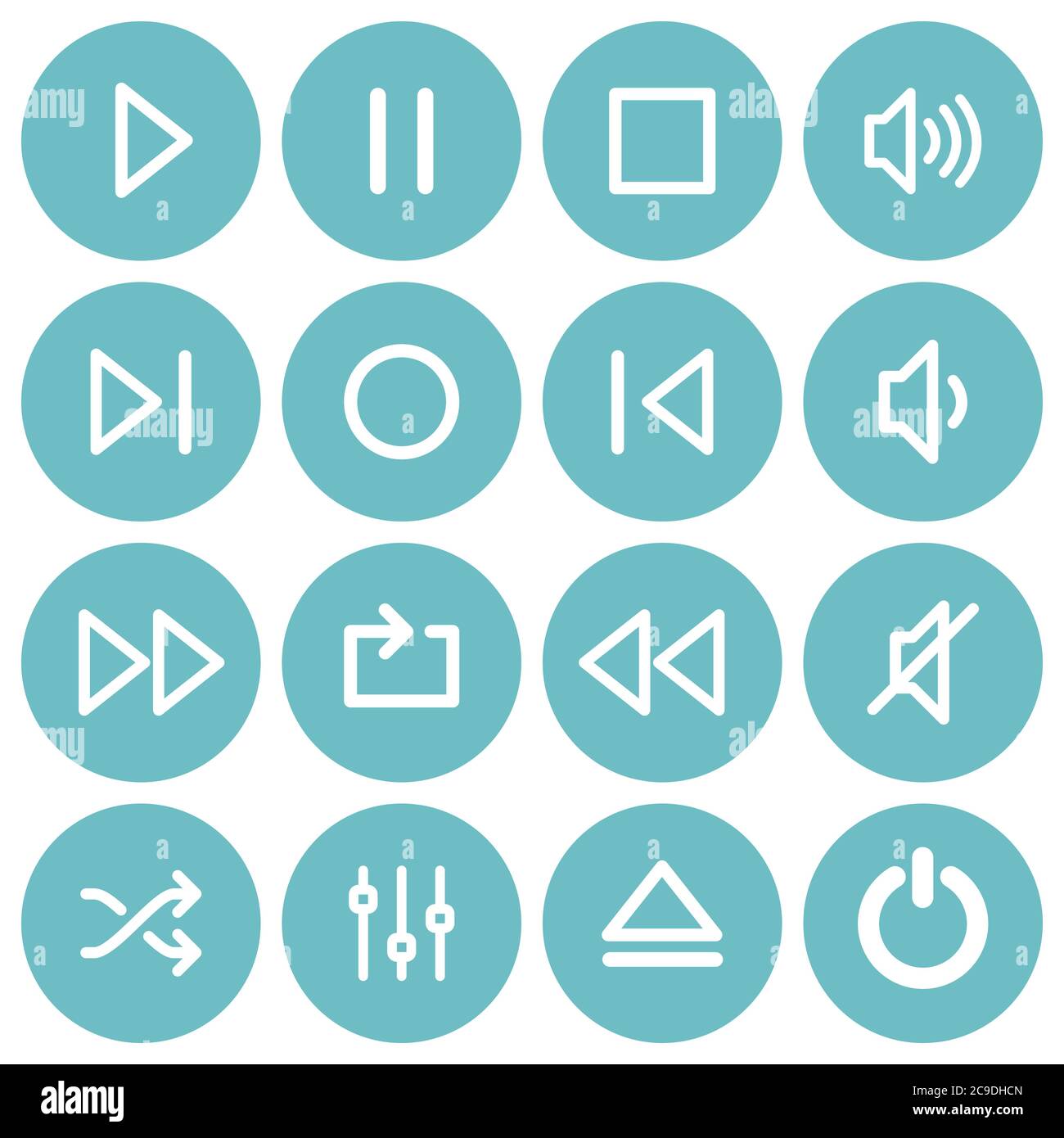 Set of flat media player icons on round glaucous background Stock ...