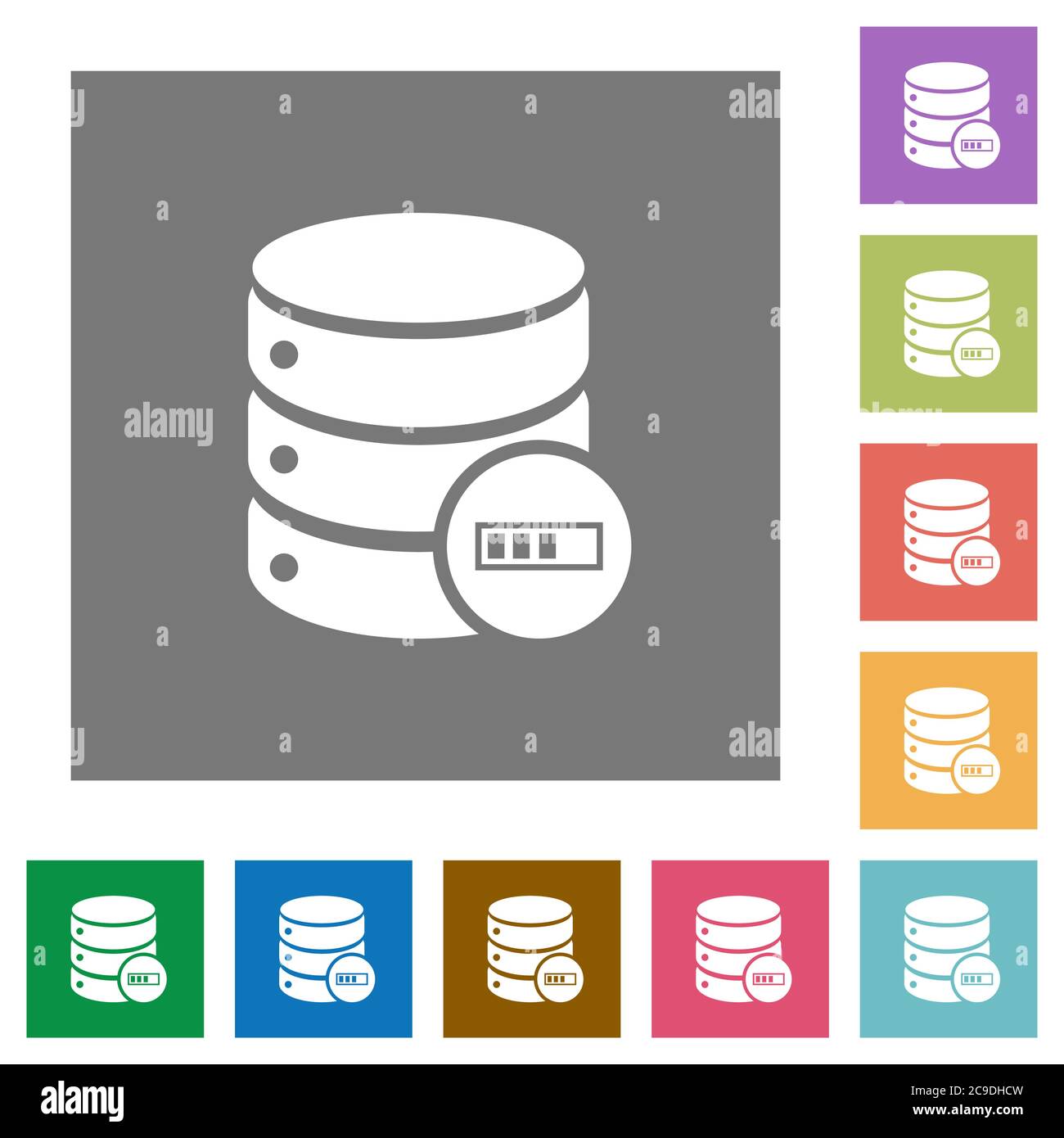 Database processing flat icons on simple color square backgrounds Stock Vector