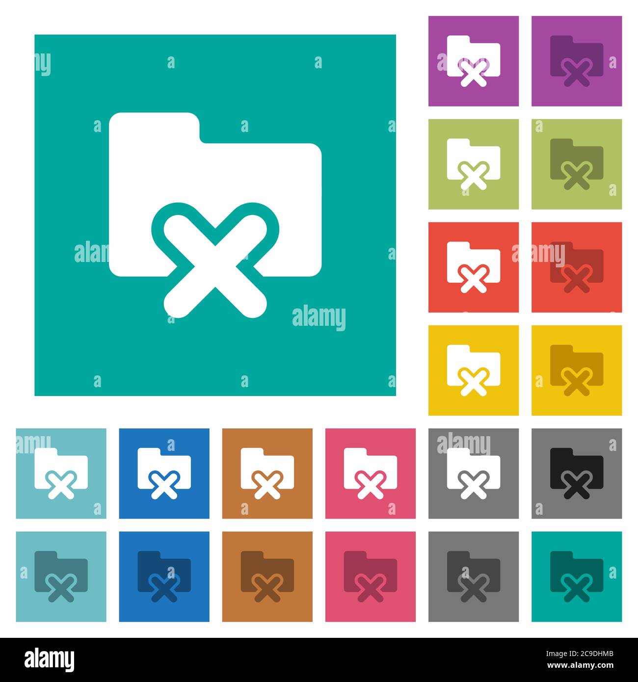 Cancel folder multi colored flat icons on plain square backgrounds. Included white and darker icon variations for hover or active effects. Stock Vector