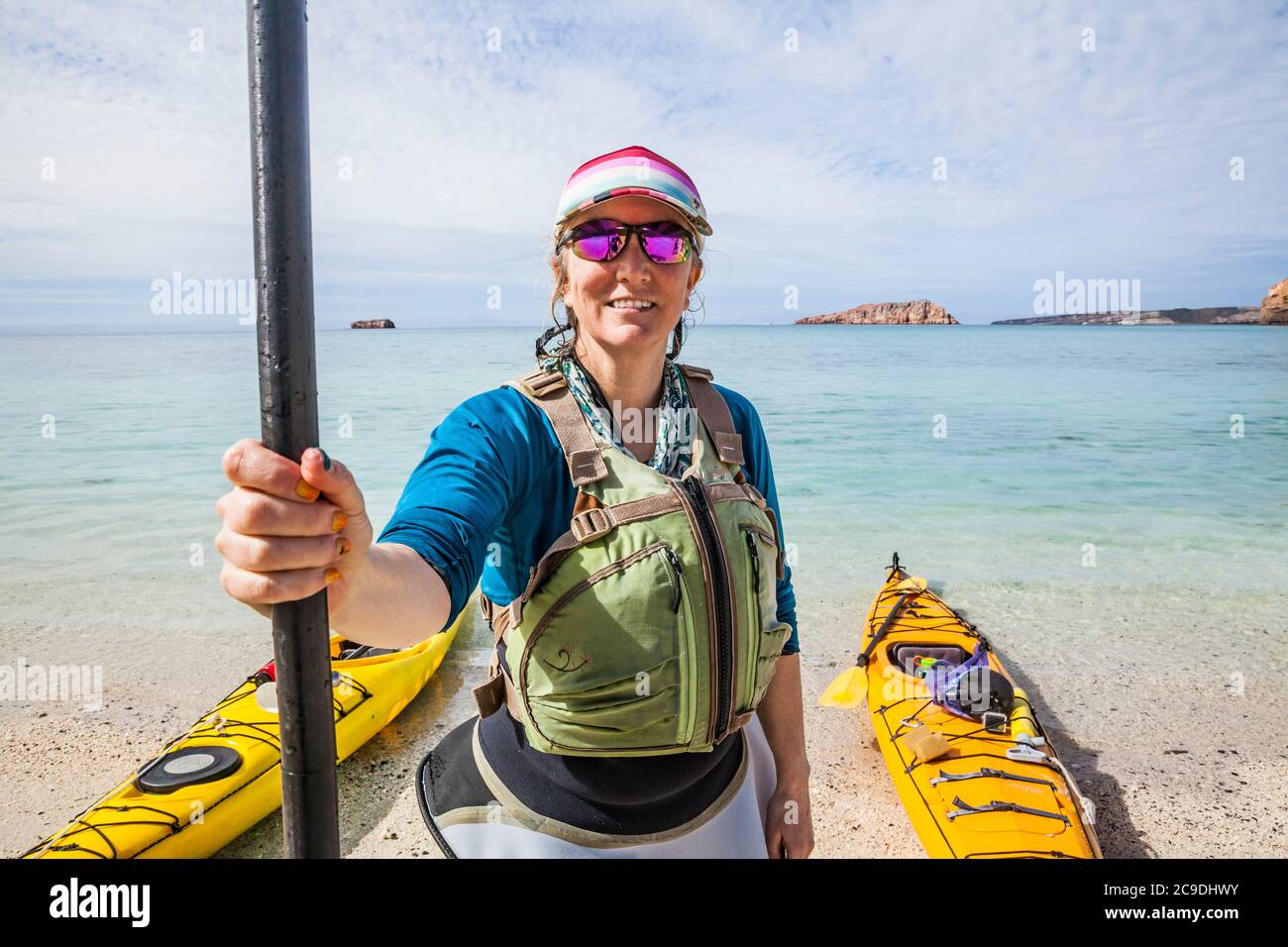 @amywormsworld ready to kayak. #TravelLifestyle #Portrait #OnTheBeach, Isla Espiritu Santo, day 2. Stock Photo