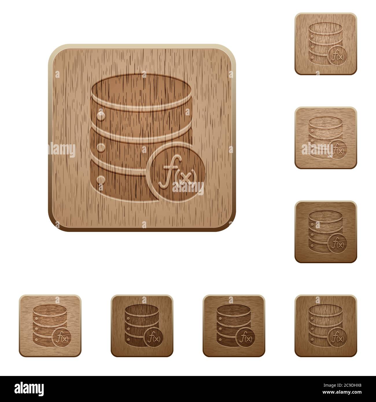 Database functions on rounded square carved wooden button styles Stock Vector