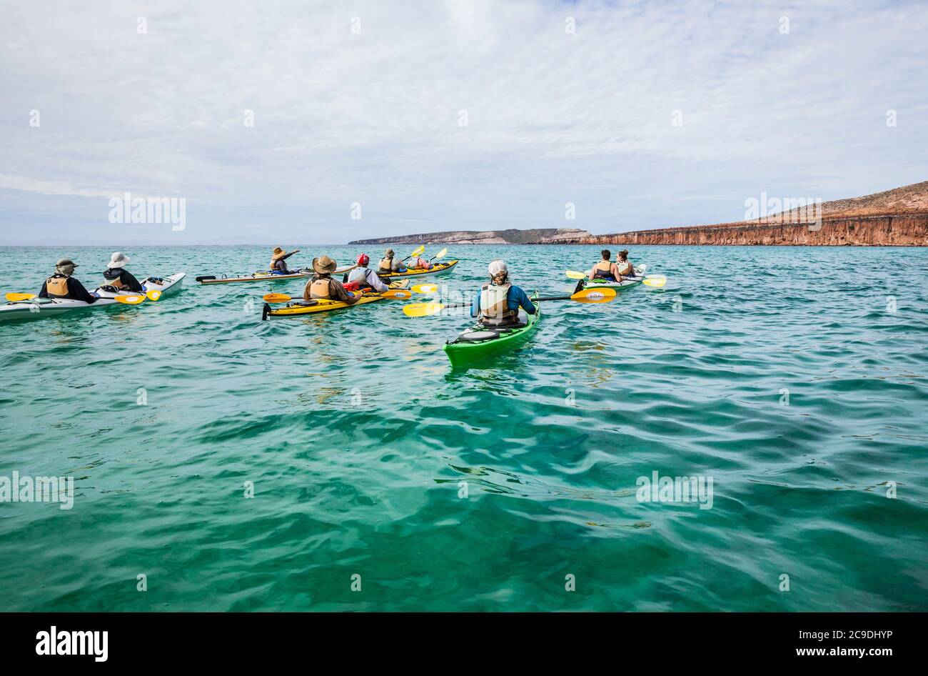 A guided sea kayaking tour offshore Isla Espirito Santo, Gulf of California, BCS, Mexico. Stock Photo
