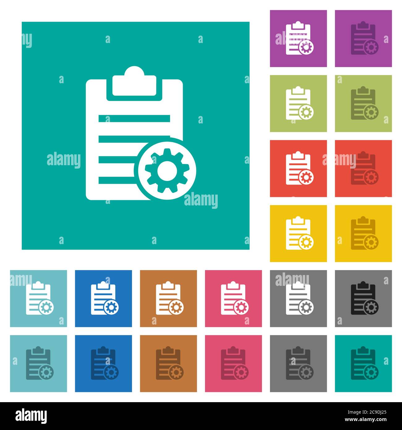 Note settings multi colored flat icons on plain square backgrounds. Included white and darker icon variations for hover or active effects. Stock Vector