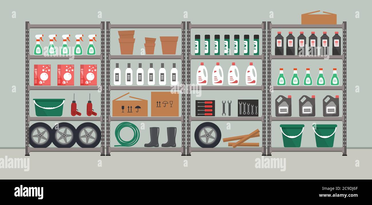 Storeroom. Shelving with household goods. Warehouse racks. There are