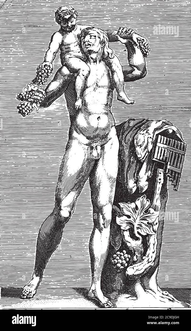 Sculpture of Silenus with the young Bacchus on his shoulders, anonymous, 1584, vintage engraving. Stock Vector