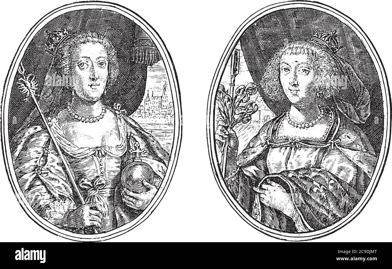Two depictions on an album sheet. On the left the portrait of Eleanor of Mantua, wife of Emperor Ferdinand II, as Mantuana I.M.R. Right Anna of Austri Stock Vector