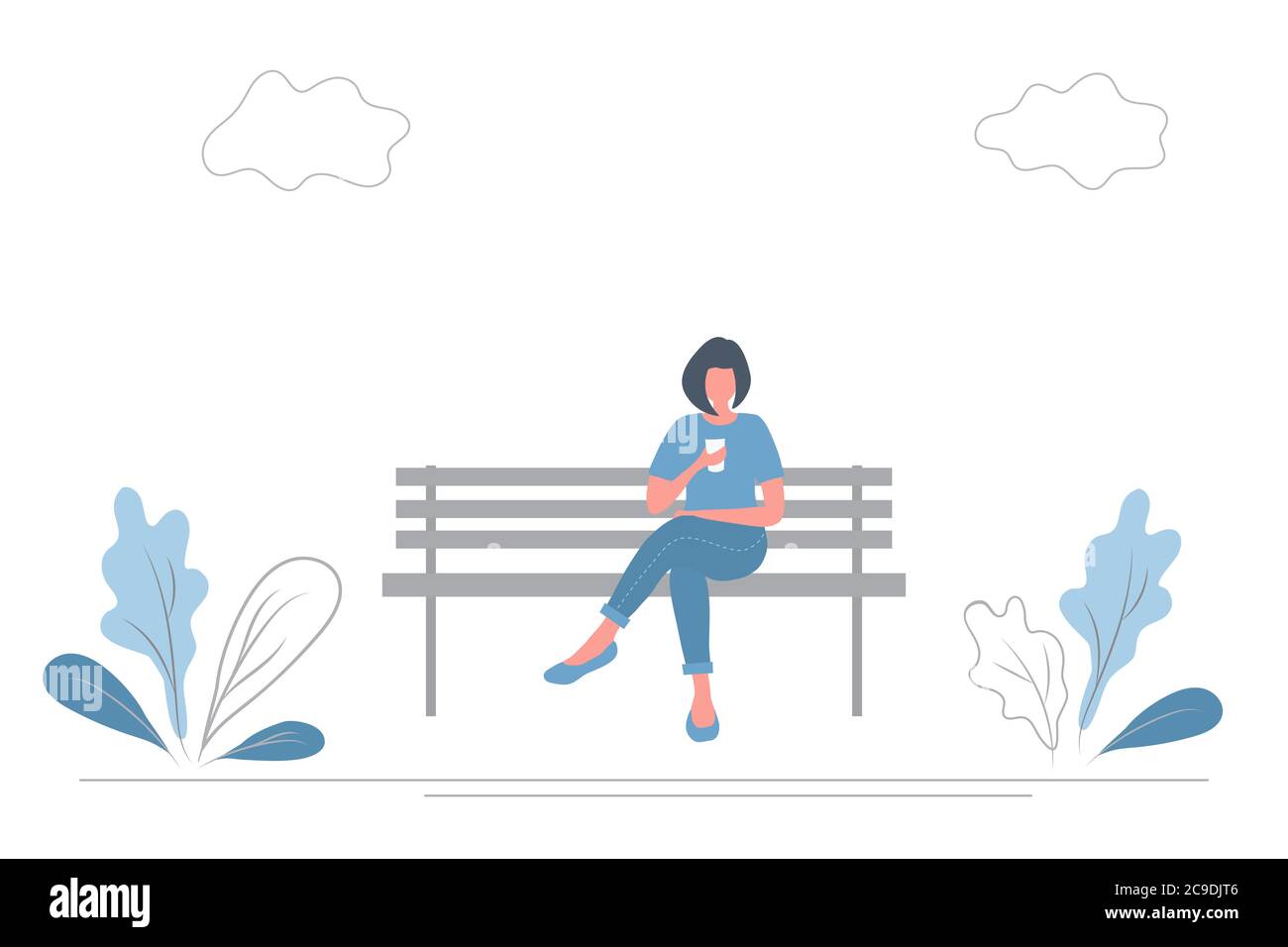 Young woman drink coffee on a bench in a park. There are also plants and clouds in the picture. Flat style. Vector illustration Stock Vector