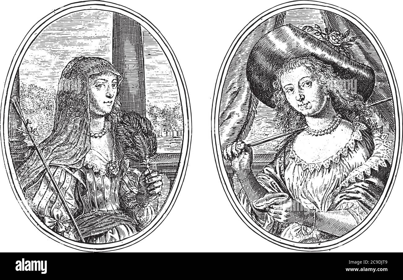 Two depictions on an album page. Portraits of two unknown women, with shepherd's staff, like Lugdunea B. and Athaeniana B.H.G.R.E.S. Numbered at the b Stock Vector