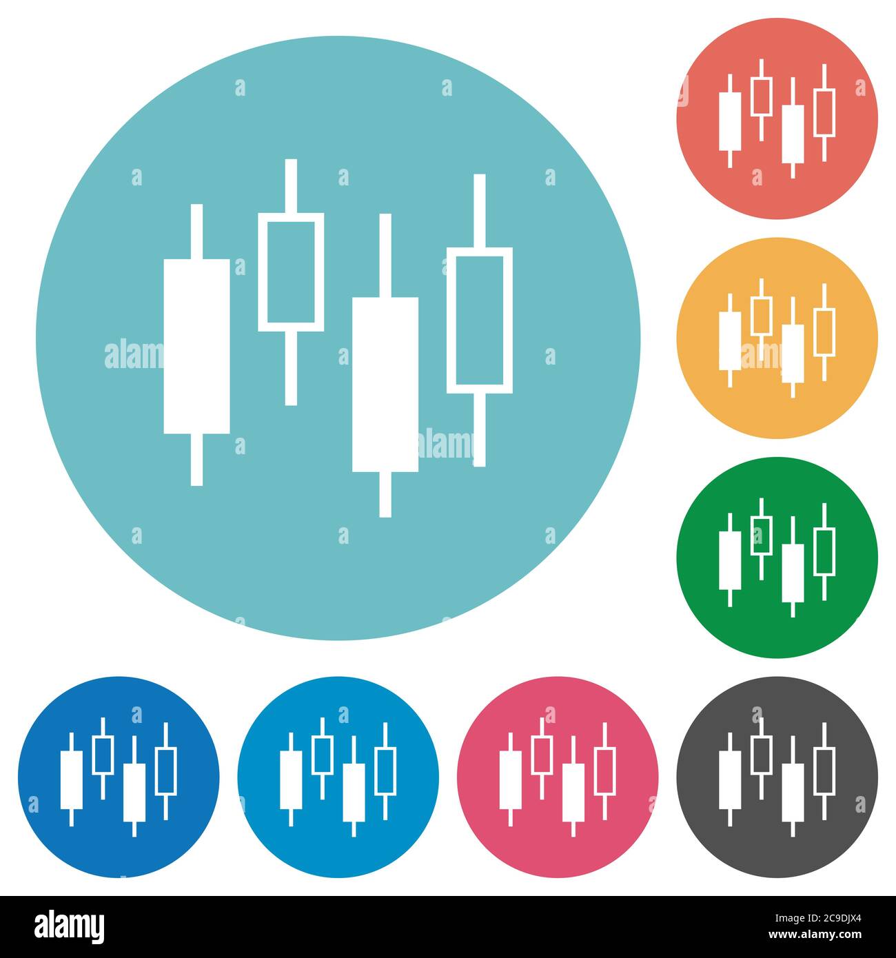 Candlestick chart flat white icons on round color backgrounds Stock Vector
